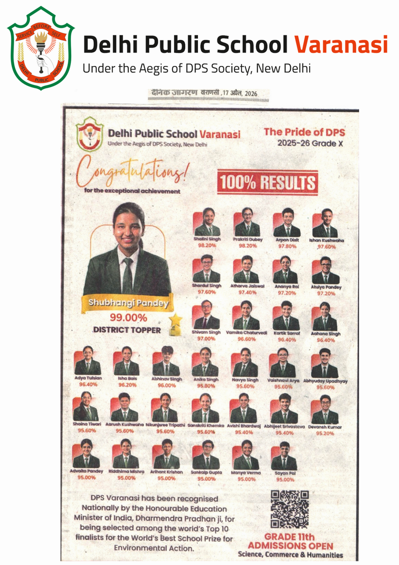 Amar Ujala and Dainik Jagran (16–17 April 2026) featured the outstanding CBSE Class 10 results of Delhi Public School, Varanasi, with 100% success and Shubhangi Pandey securing 99% to emerge as District Topper.